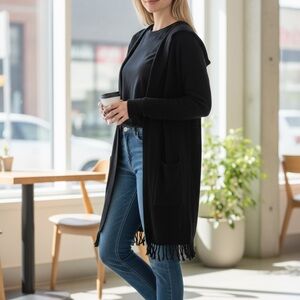 Anthropology Joelle Black Hooded Cardigan Sweater, Size S, Pockets & Frayed Hem